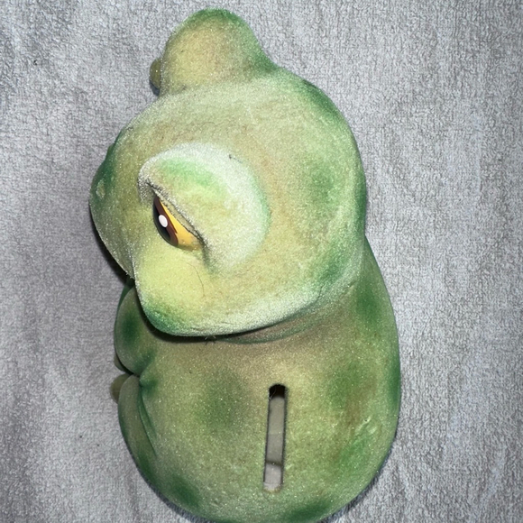 RARE Vintage 1970s Smiling Frog Toad Piggy Bank 9" Green Flocked Ceramic - Picture 3 of 9